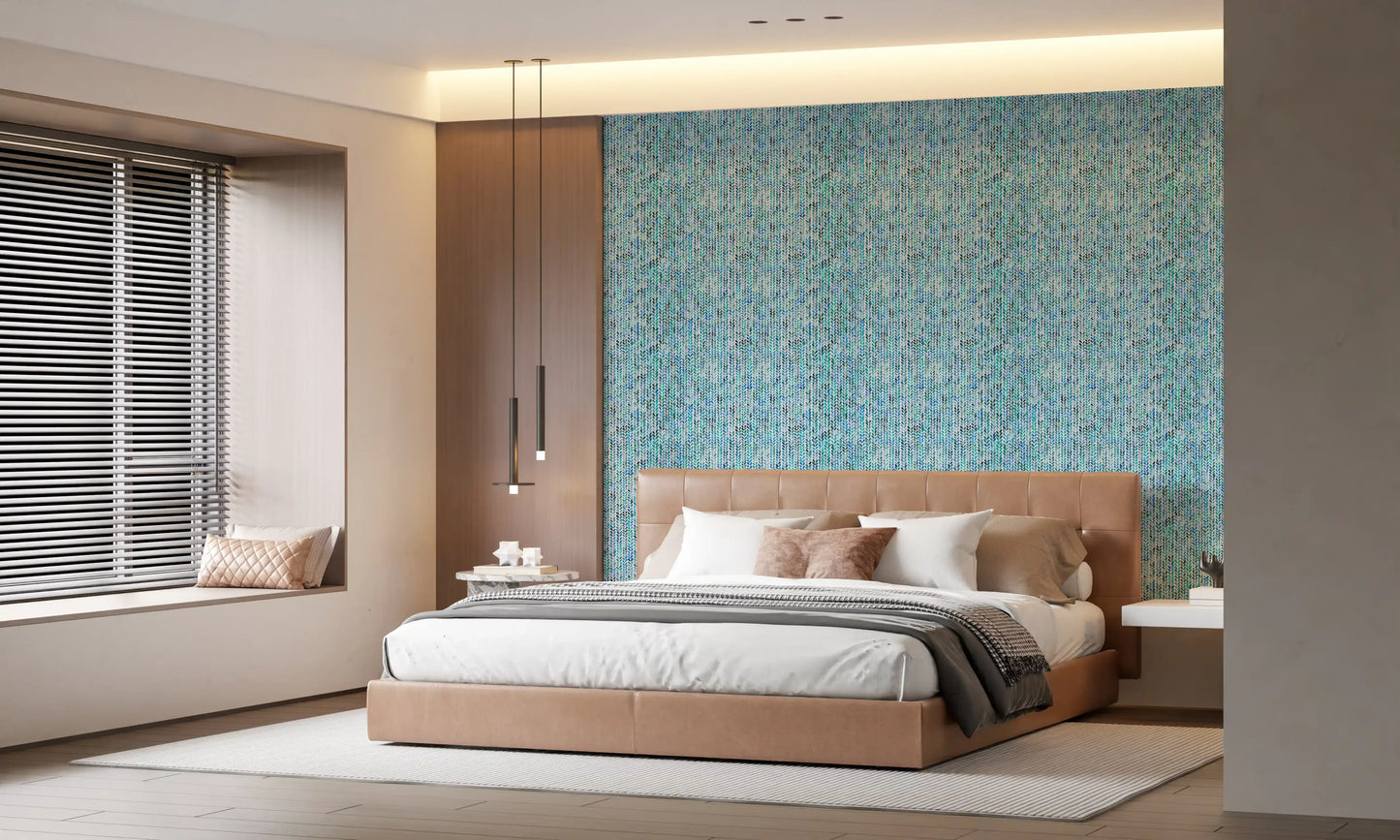 Watercolor leaf columns drifting down a restful bedroom in this Aqua Knit wallpaper