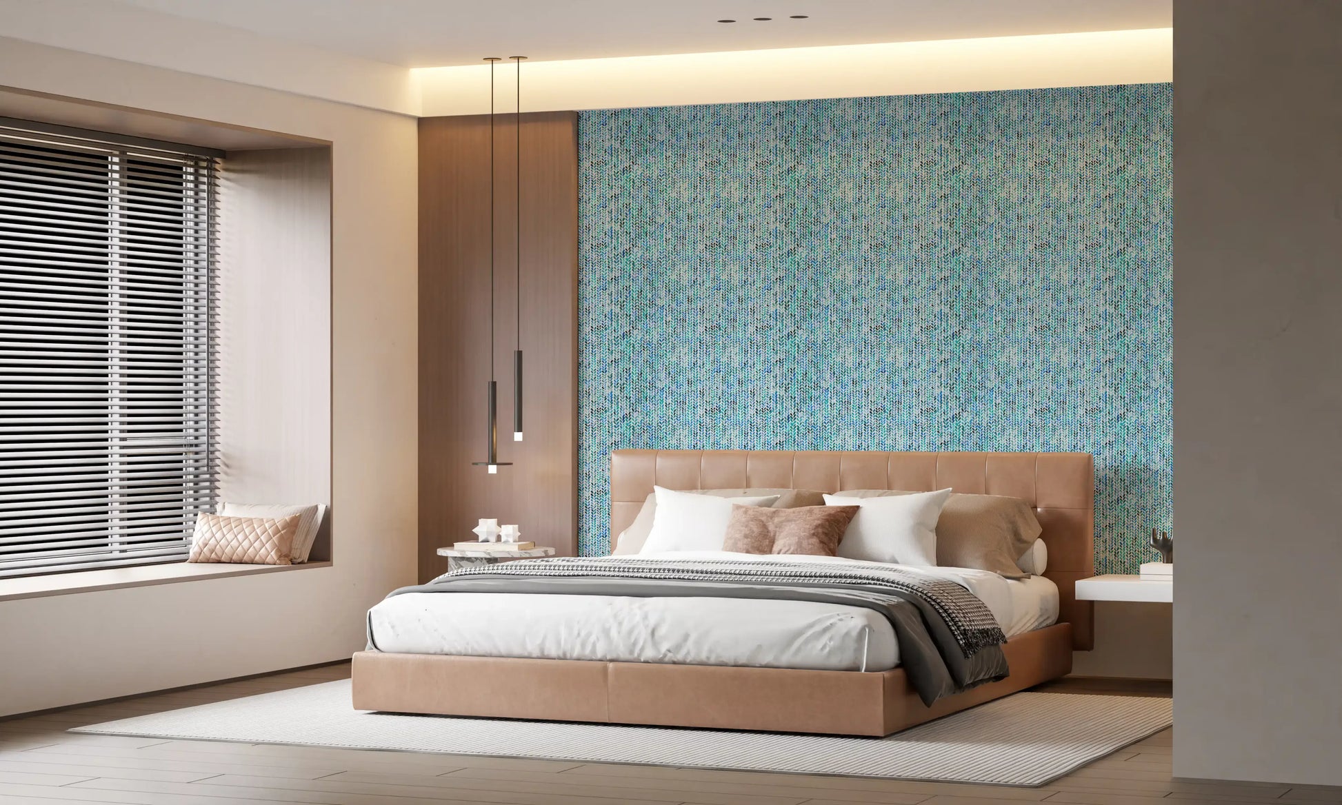 Watercolor leaf columns drifting down a restful bedroom in this Aqua Knit wallpaper