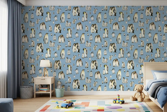 Quiet Kids room feels storybook with the Penguin Family Blue wallpaper.