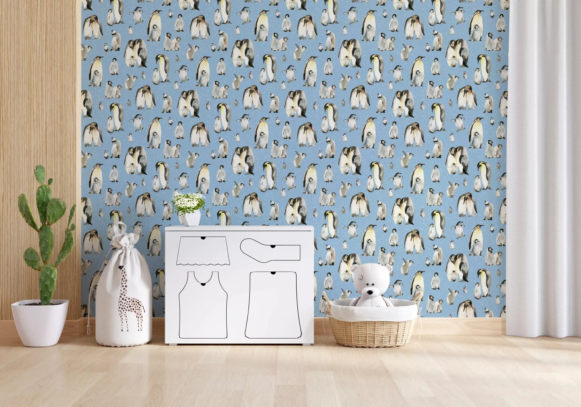 Watercolour penguins parade Hallway corner on this Penguin Family wallpaper.
