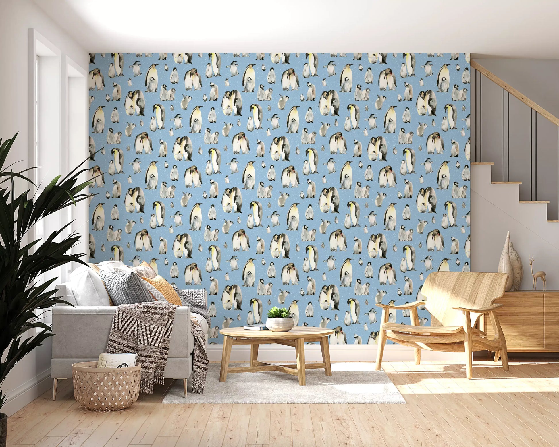 Two penguin generations along a hallway on this Penguin Family wallpaper.