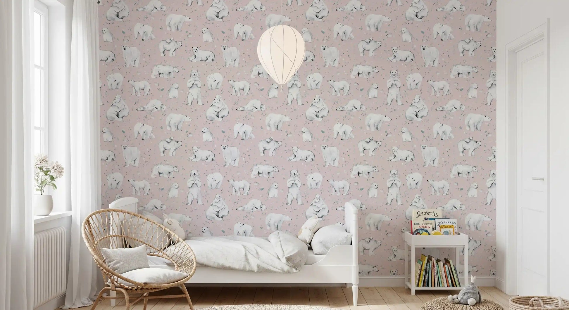 Bears Dreams wallpaper places adult animals and cubs over a blush pink ground.