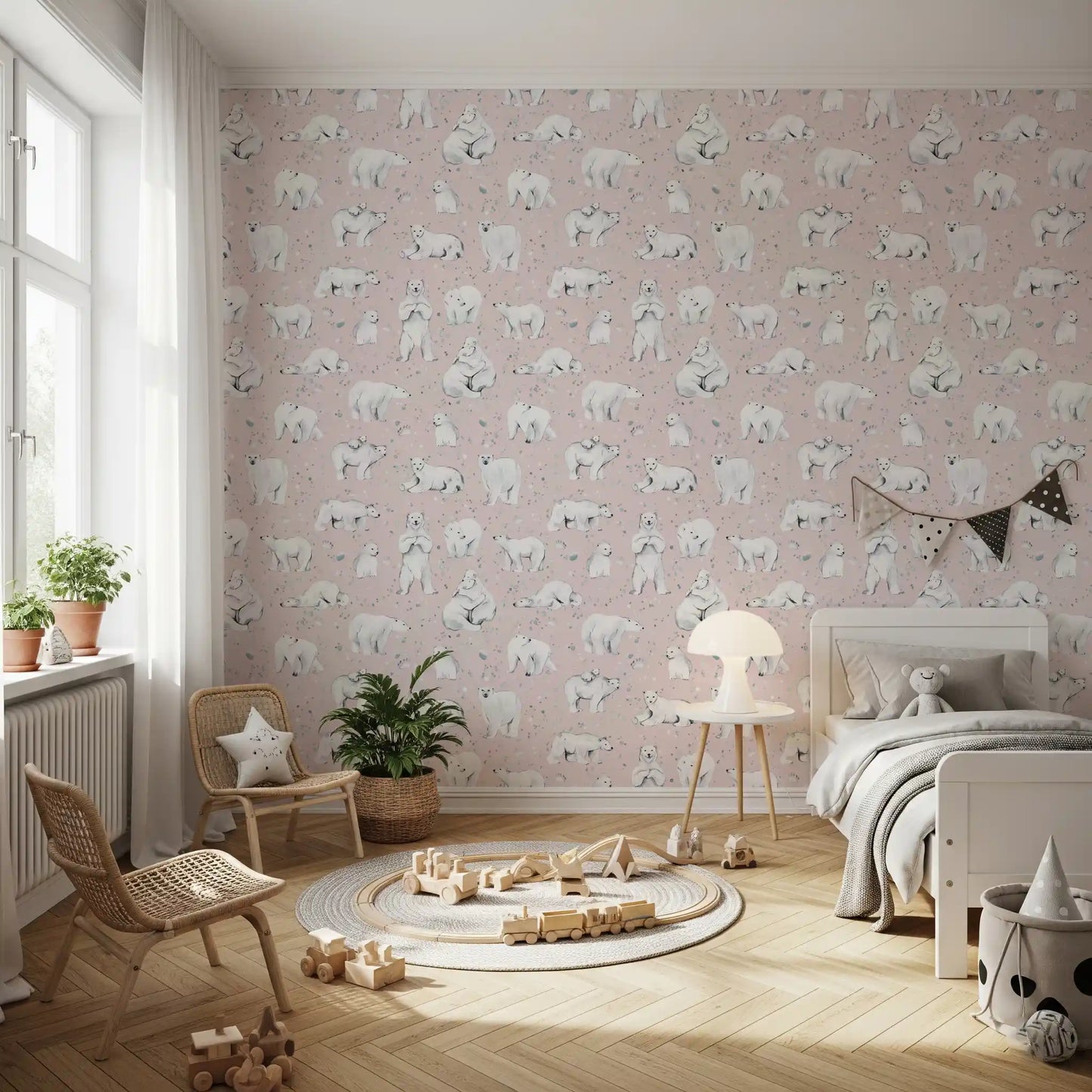 Polar bears and cubs roam a pink ground on Sweet Arctic Bears Dreams Pink wallpaper.