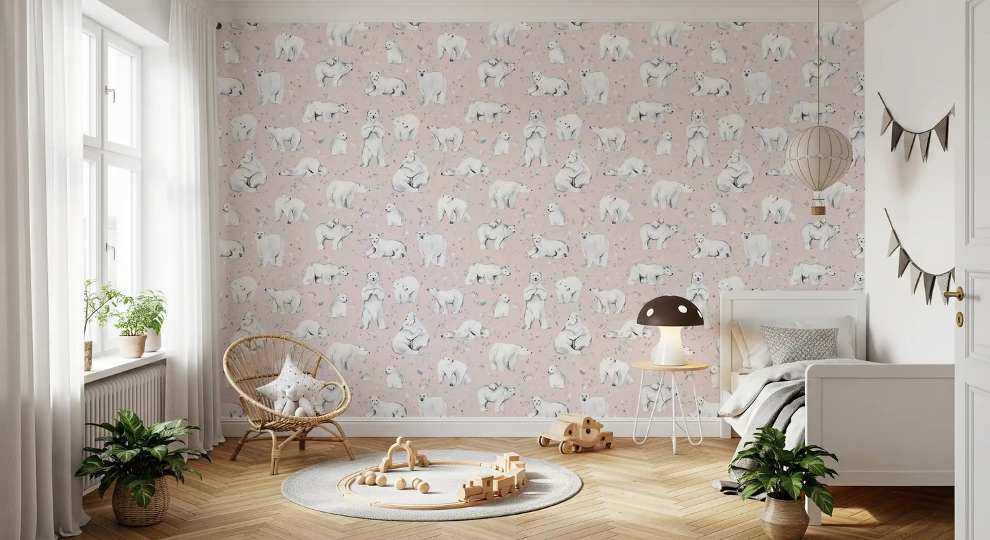 Blush pink and watercolour bears layer a kids' room in Sweet Arctic Bears wallpaper.