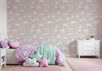 Watercolour polar bears drift across a calm nursery in Bears Dreams Pink wallpaper.