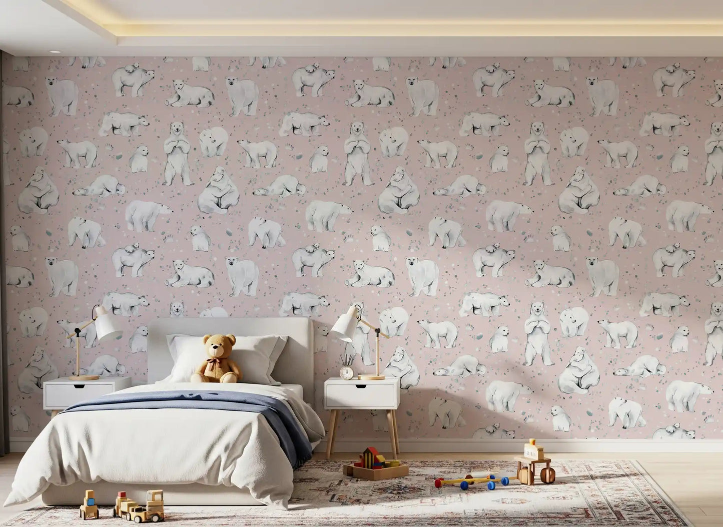 Tiny cubs curl up on grey pebble flecks across this Sweet Arctic Bears wallpaper.