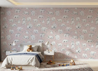 Tiny cubs curl up on grey pebble flecks across this Sweet Arctic Bears wallpaper.