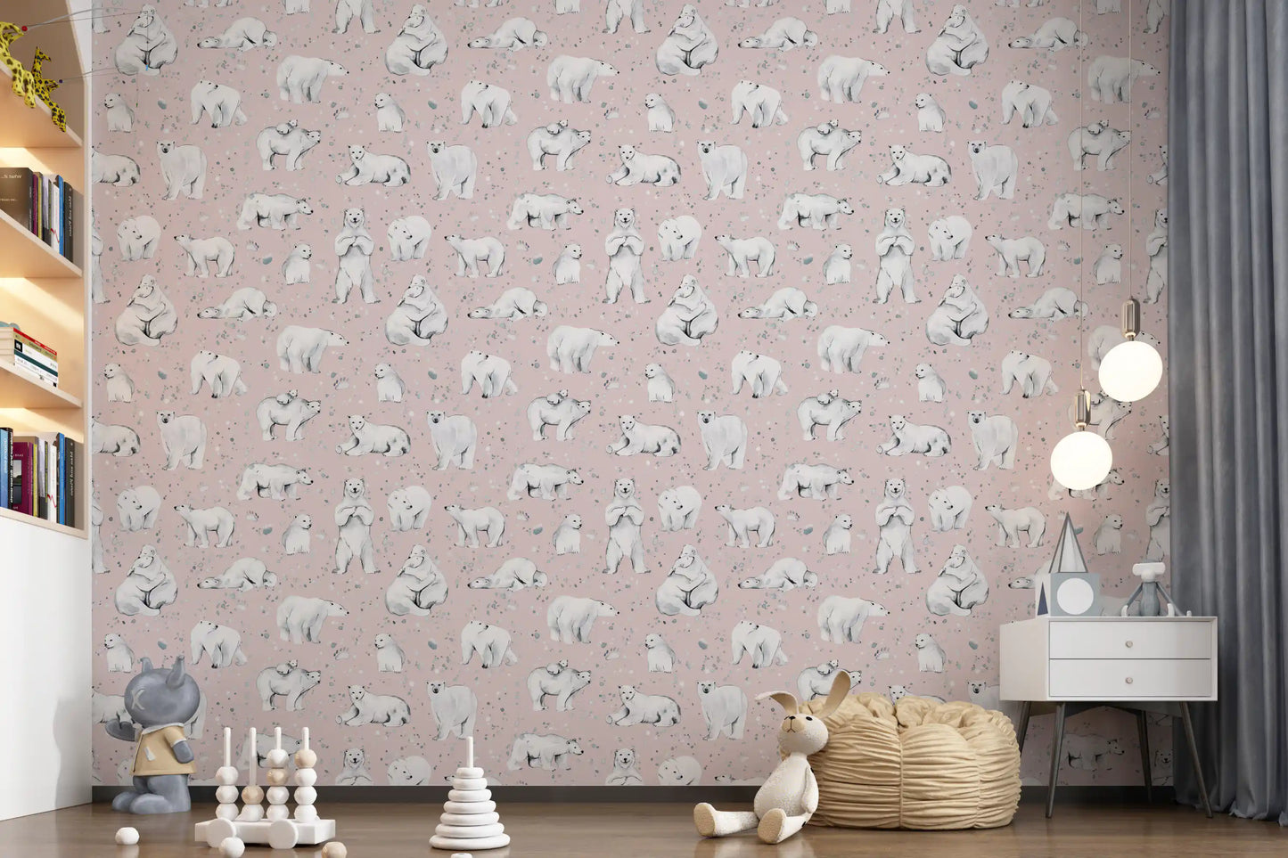 Paw flecks and pebble shapes scatter behind painted bears on pink wallpaper.