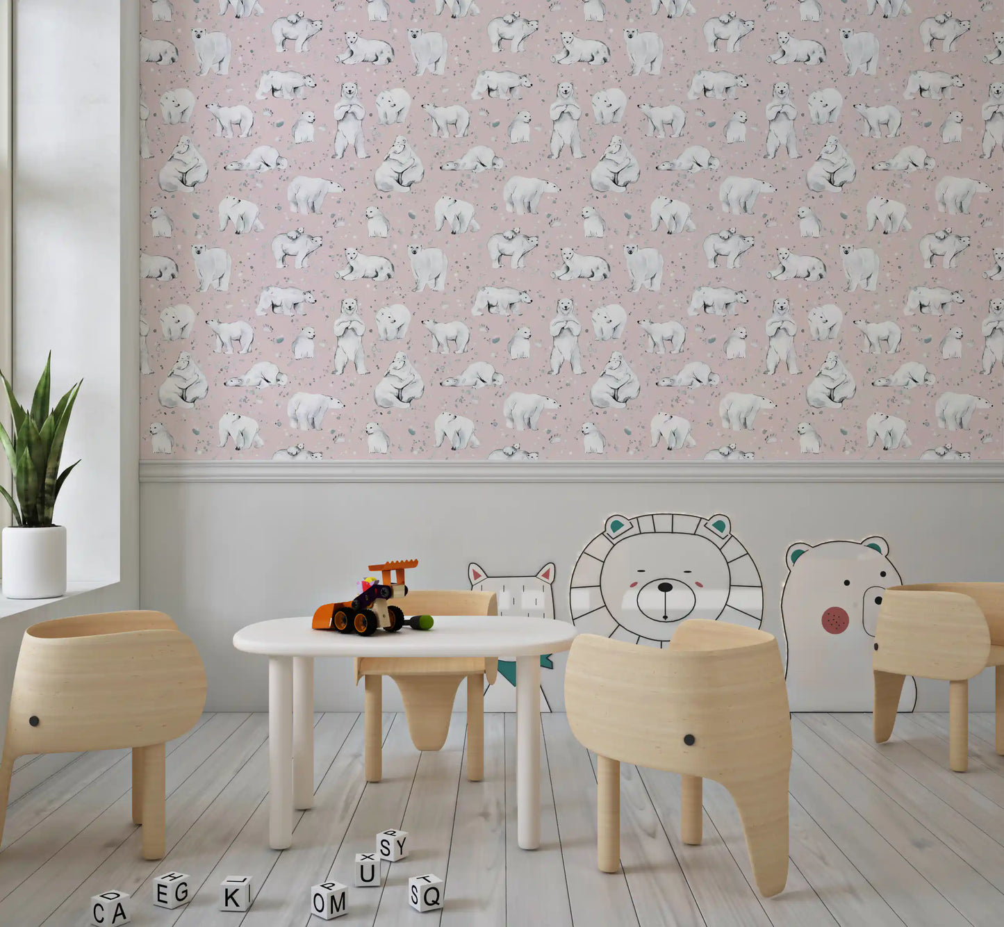 Cub-and-mother scenes warm a Kids play area, painted onto pink watercolour bear wallpaper.