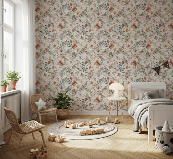 Red squirrels nestle among pinecones in a kids' room with Woodland Squirrels wallpaper.