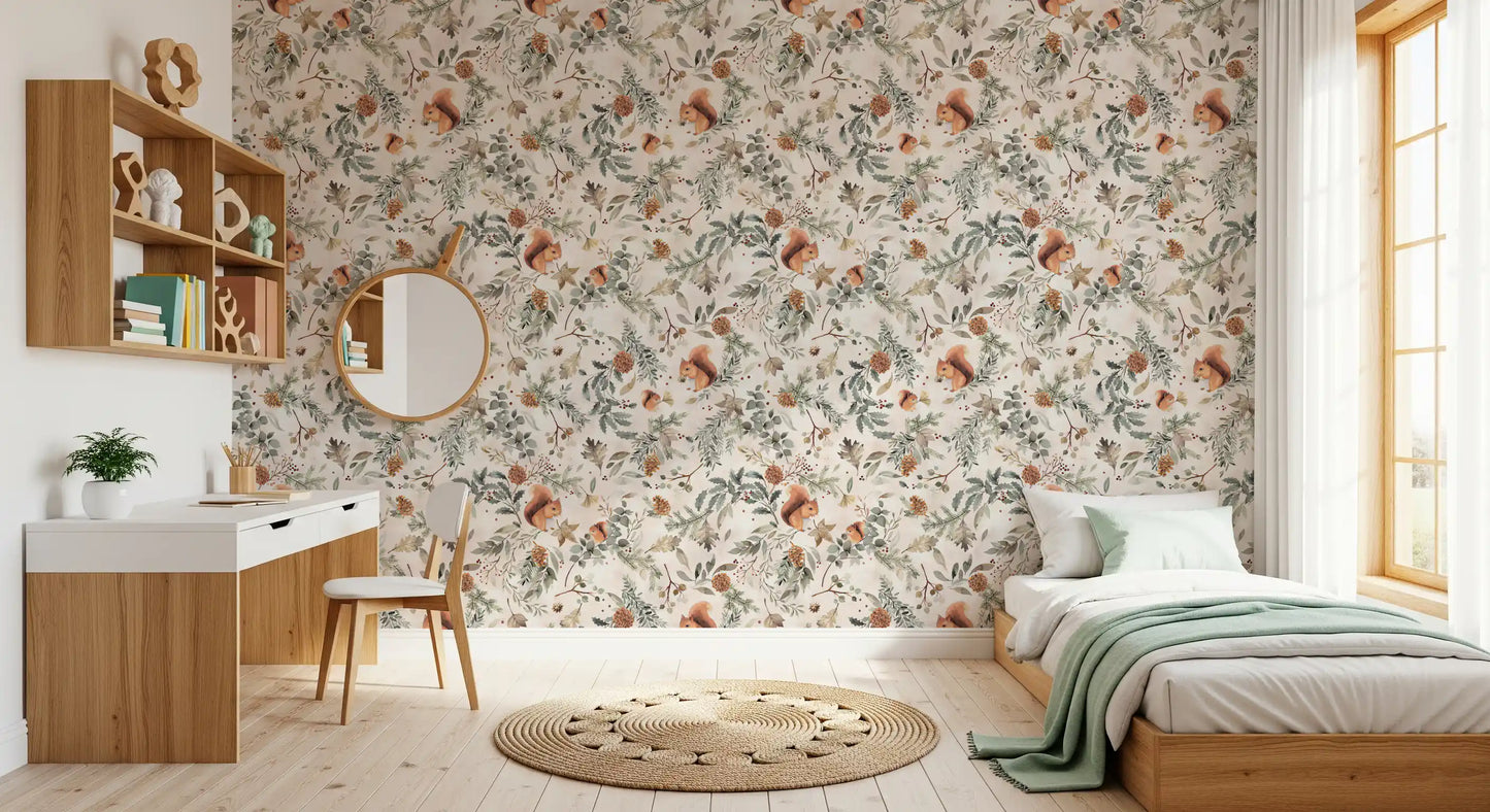 Cozy Woodland Squirrels & Pinecones Wallpaper Wallpaper⁠