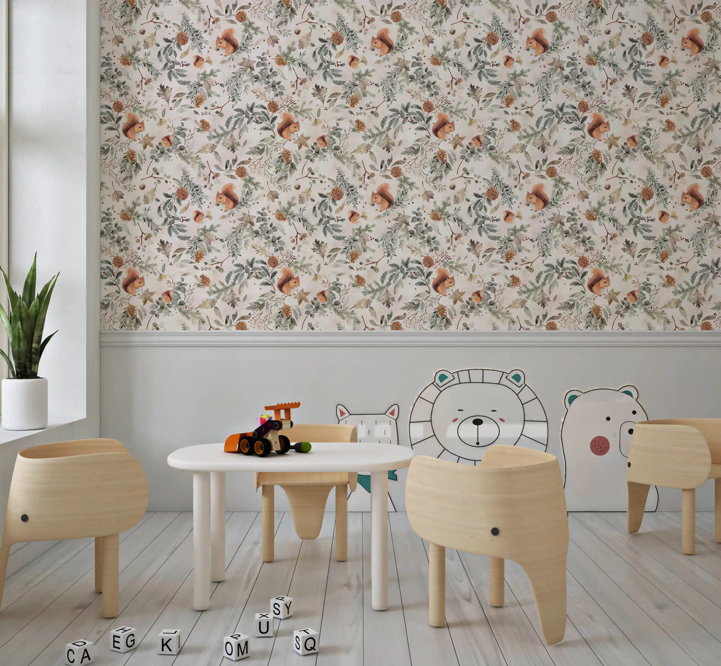 Cozy Woodland Squirrels & Pinecones Wallpaper Wallpaper⁠