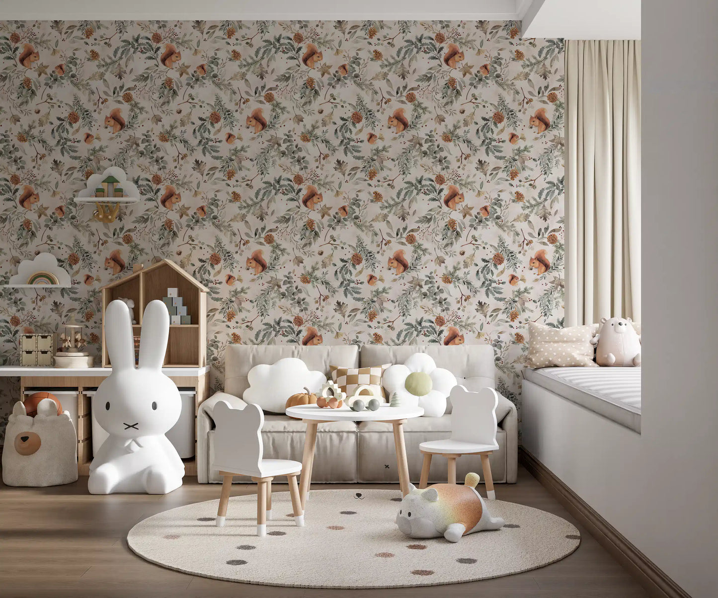 Cozy Woodland Squirrels & Pinecones Wallpaper Wallpaper⁠