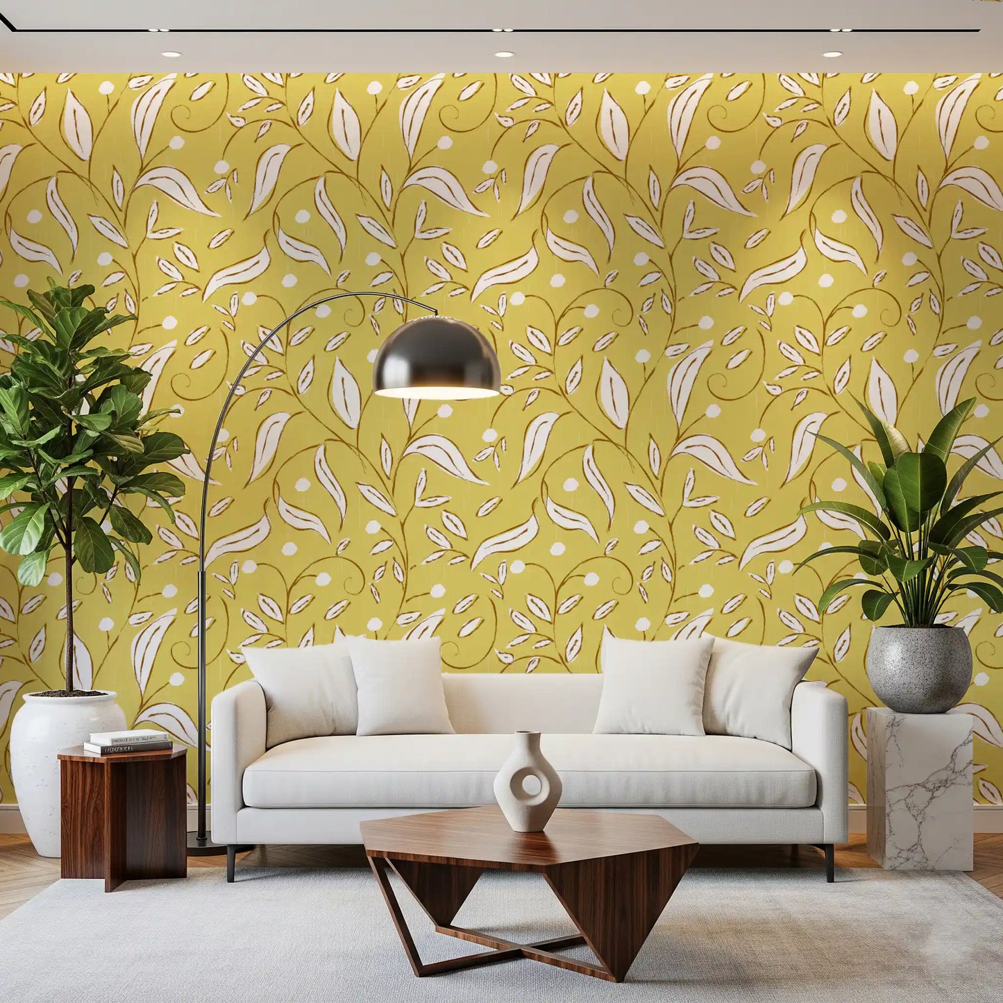 Butter Yellow Botanical Vine Wallpaper Scandinavian Wallpaper⁠