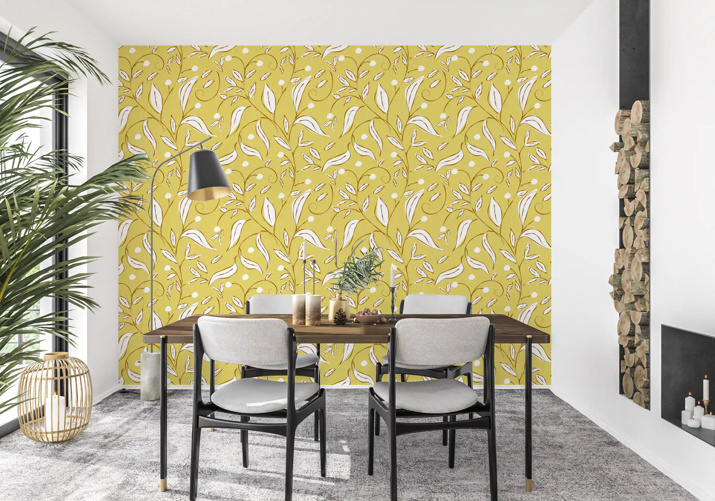 Butter Yellow Botanical Vine Wallpaper Scandinavian Wallpaper⁠