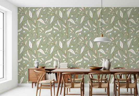 Sage Green Botanical Vine Scandinavian Wallpaper⁠