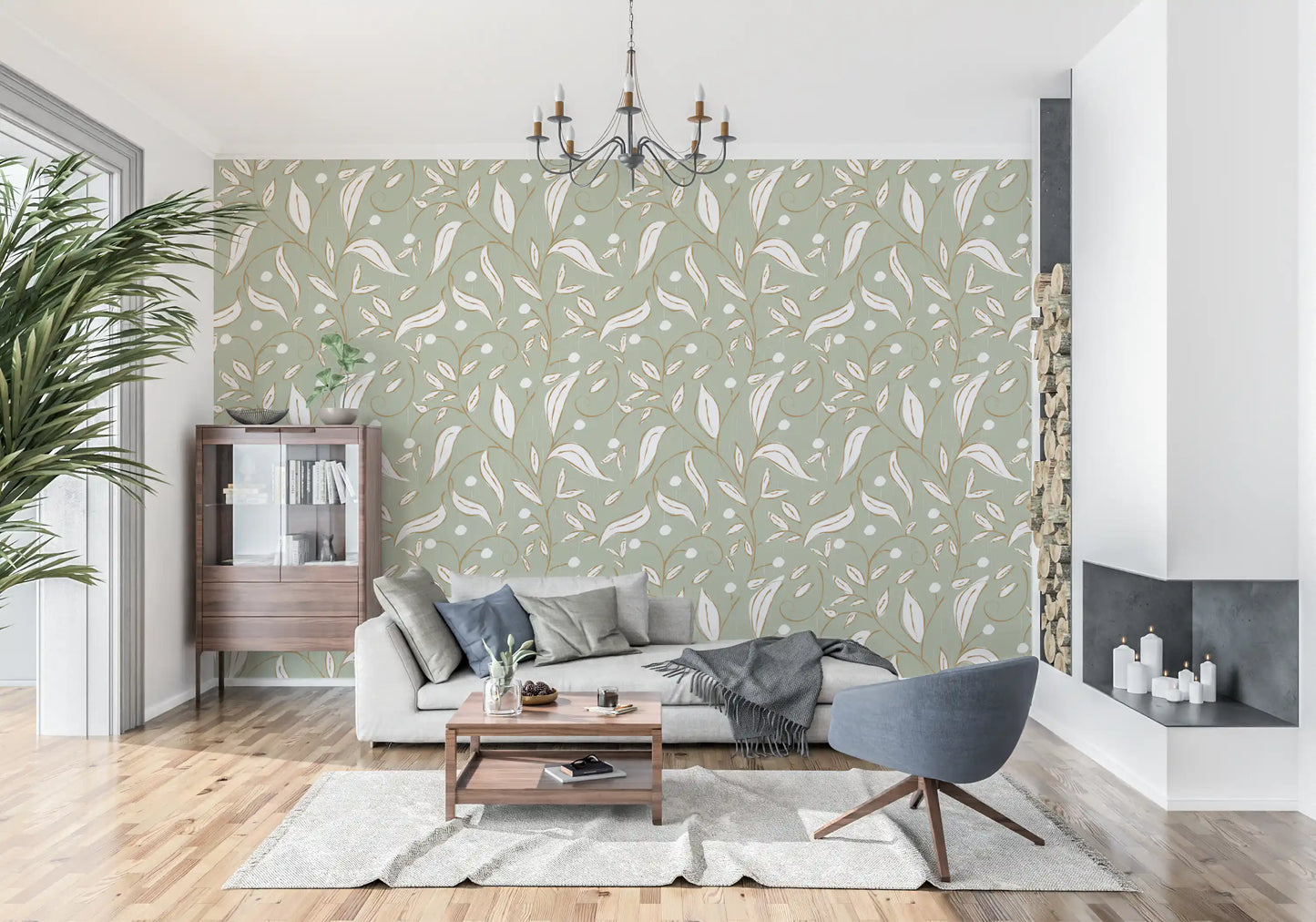 Sage Green Botanical Vine Wallpaper Scandinavian Wallpaper⁠