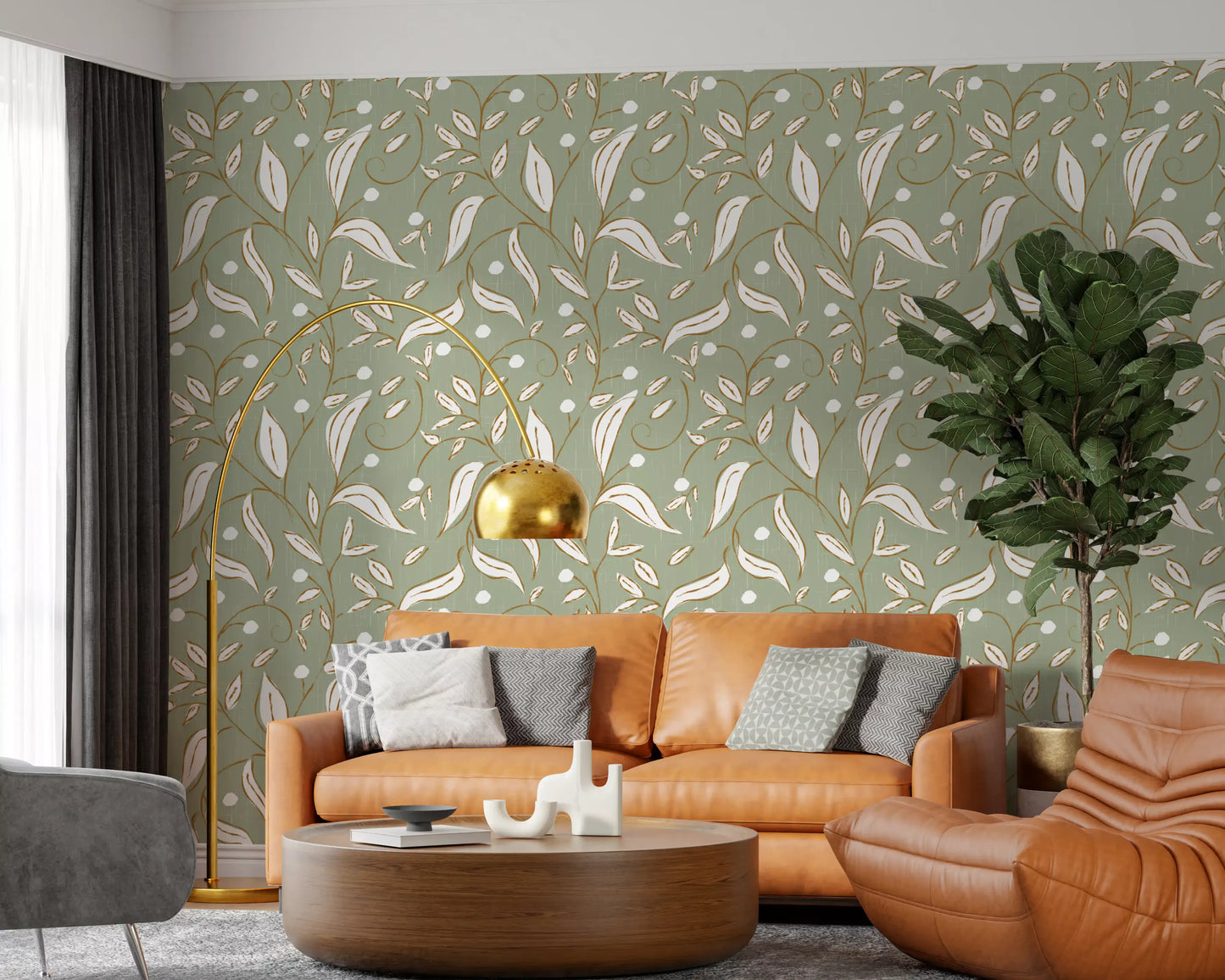 Sage Green Botanical Vine Wallpaper Scandinavian Wallpaper⁠