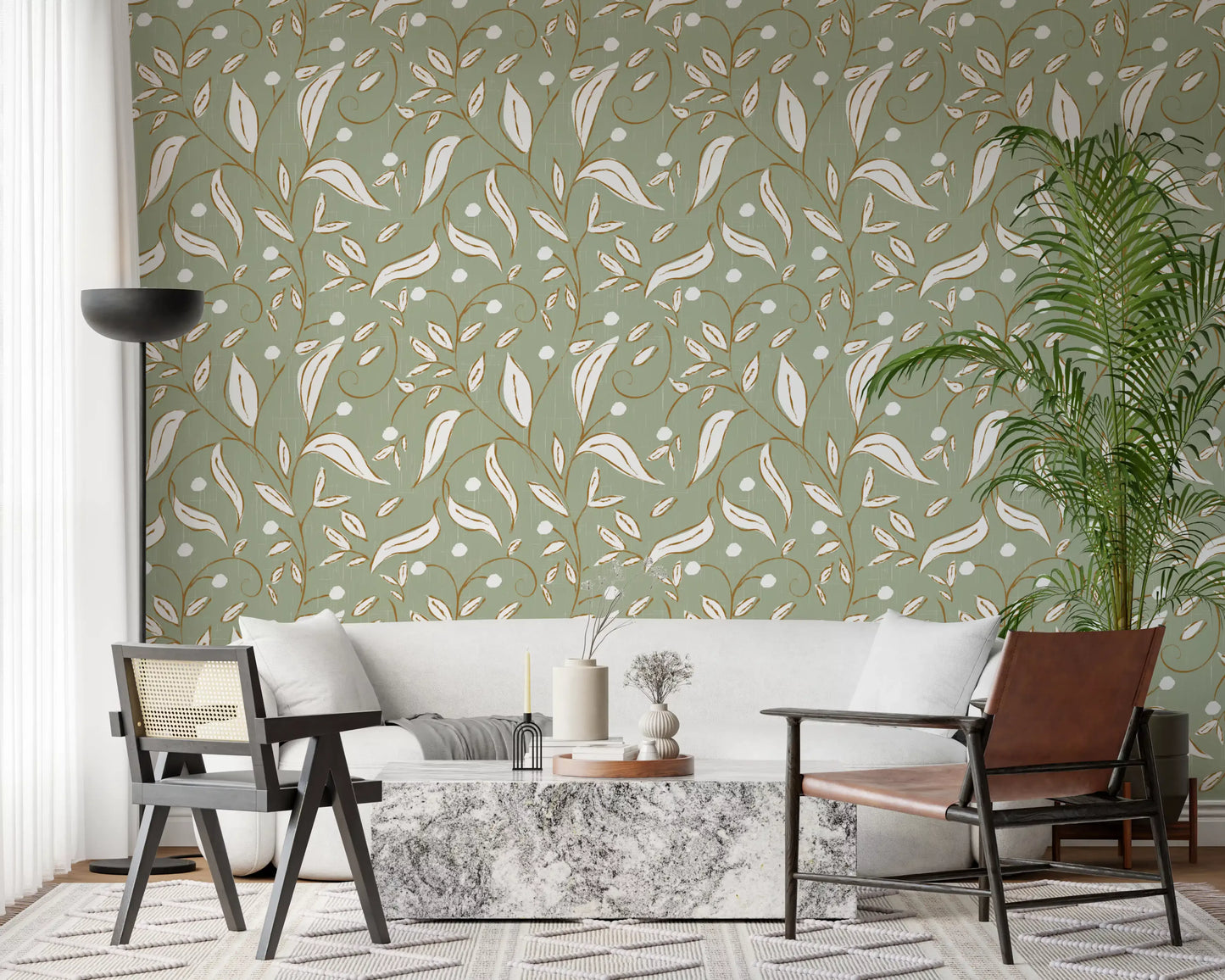 Sage Green Botanical Vine Wallpaper Scandinavian Wallpaper⁠