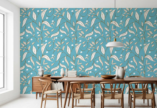 A relaxed dining room paired with the Sky Blue Botanical Vine wallpaper.