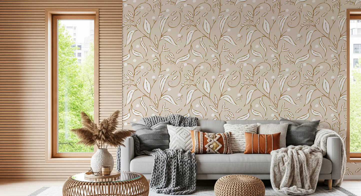 Beige Botanical Vine Wallpaper Scandinavian Neutral Wallpaper⁠