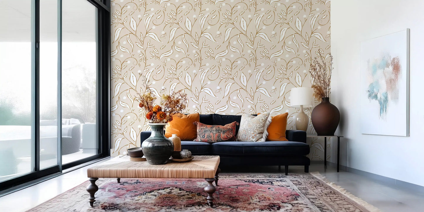 Beige Botanical Vine Wallpaper Scandinavian Neutral Wallpaper⁠