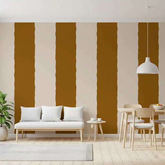 Cinnamon Brown Stripe Wallpaper paces a calm rhythm down one Dining room feature side.