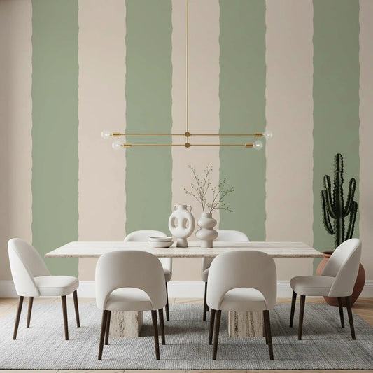 Dining room with Sage Green Stripe Wallpaper in calm bands of cream and sage.