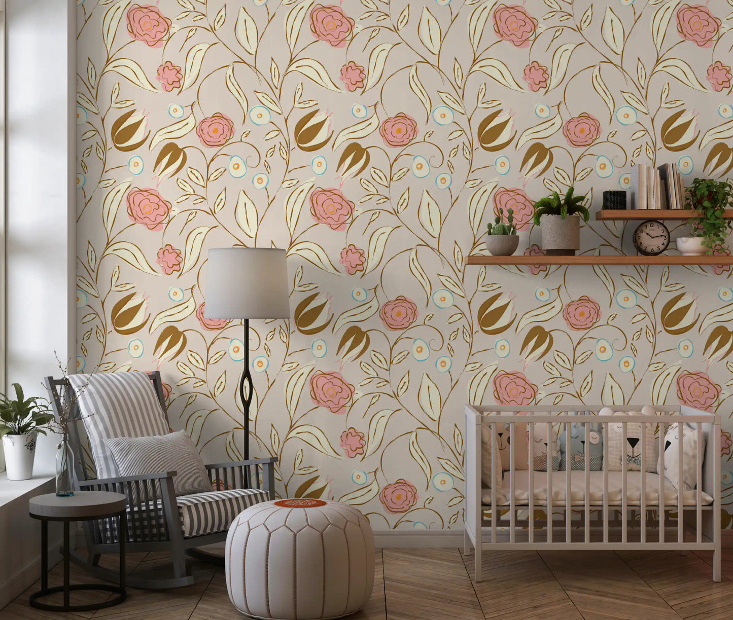 Beige Chintz Floral Wallpaper Vintage Botanical Wallpaper⁠