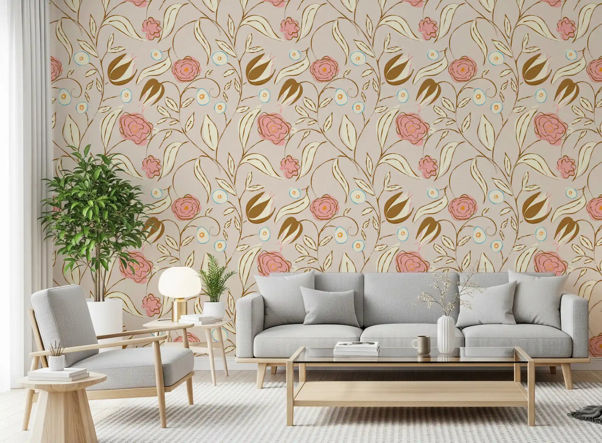 Pink roses and amber tulips drift on the beige chintz floral wallpaper in a living room.