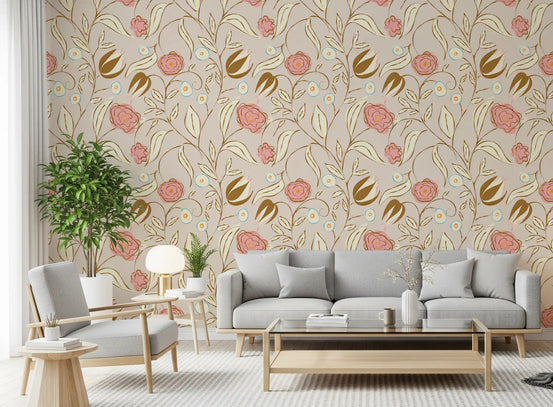 Pink roses and amber tulips drift on the beige chintz floral wallpaper in a living room.