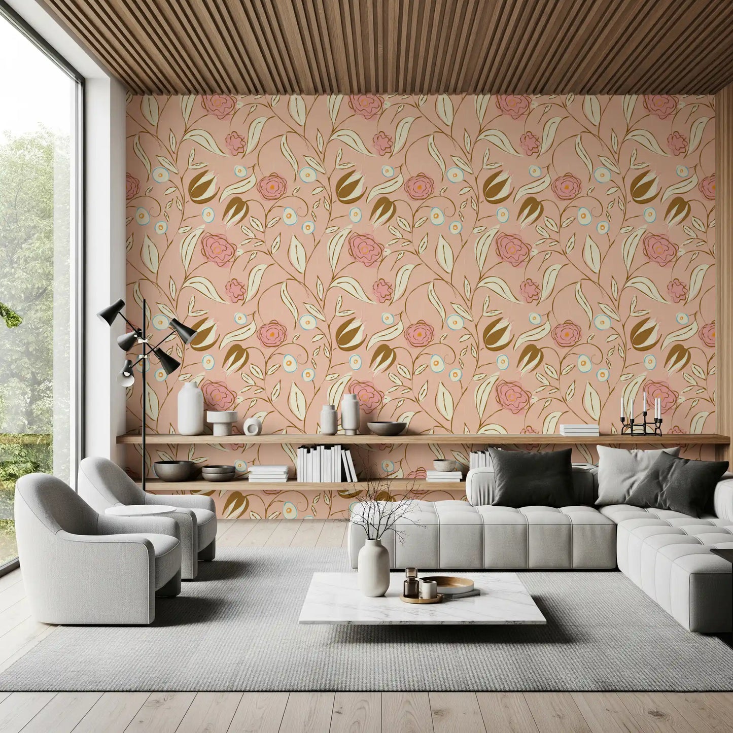 Blush Pink Chintz Floral Wallpaper Vintage Botanical Wallpaper⁠