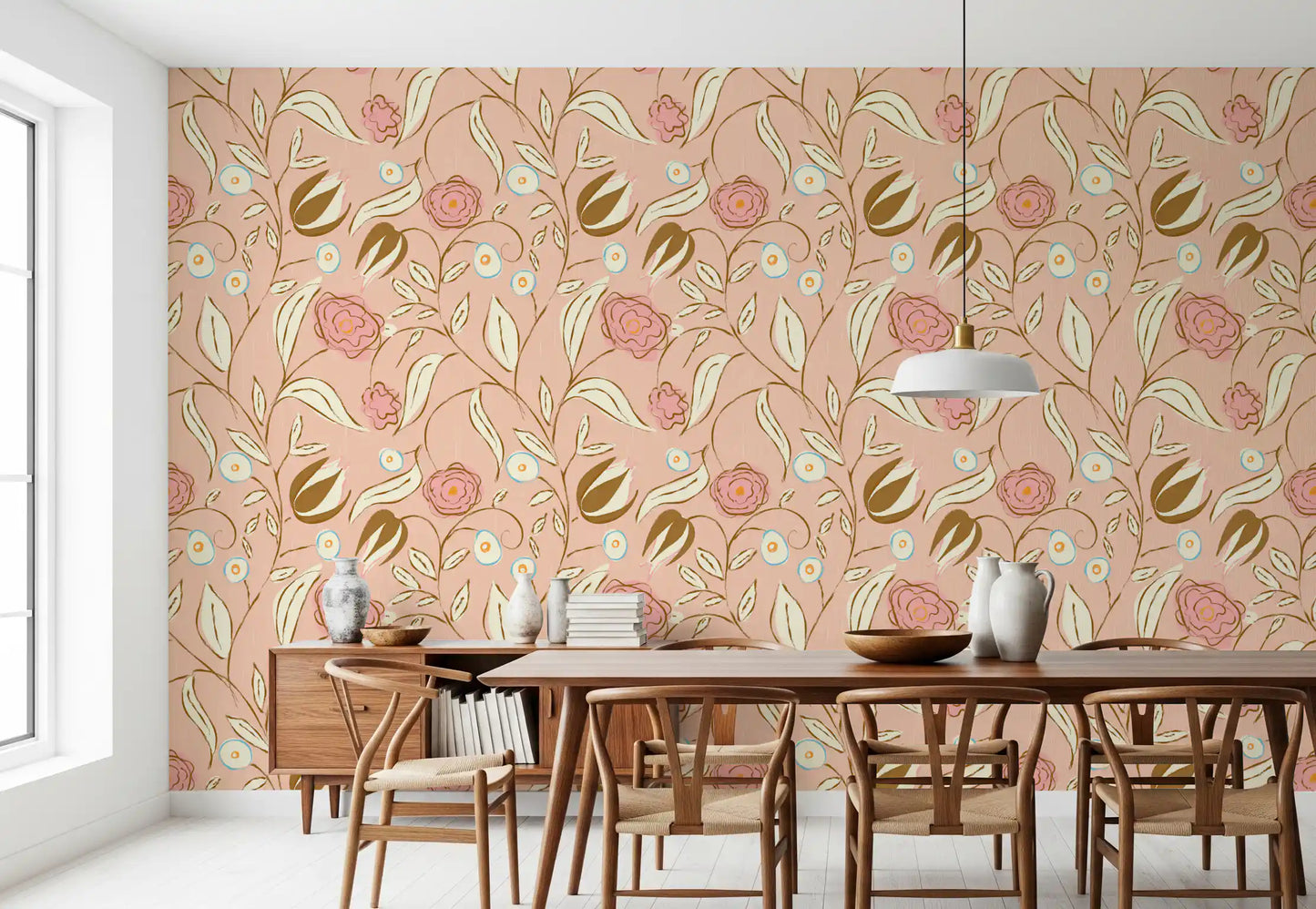 Blush Pink Chintz Floral Wallpaper Vintage Botanical Wallpaper⁠