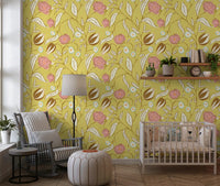 Butter Yellow Chintz Floral Wallpaper Vintage Botanical Wallpaper⁠