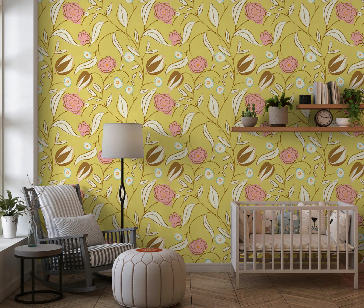 Butter Yellow Chintz Floral Vintage Botanical Wallpaper warms a Nursery area.
