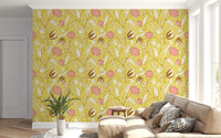 Butter Yellow Chintz Floral Wallpaper Vintage Botanical Wallpaper⁠