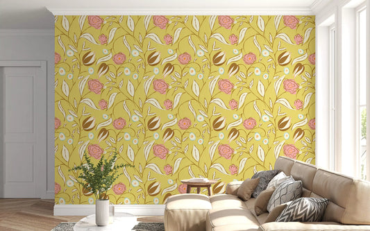 Pink roses and brown tulip buds float over a Living room accent in Floral Wallpaper.