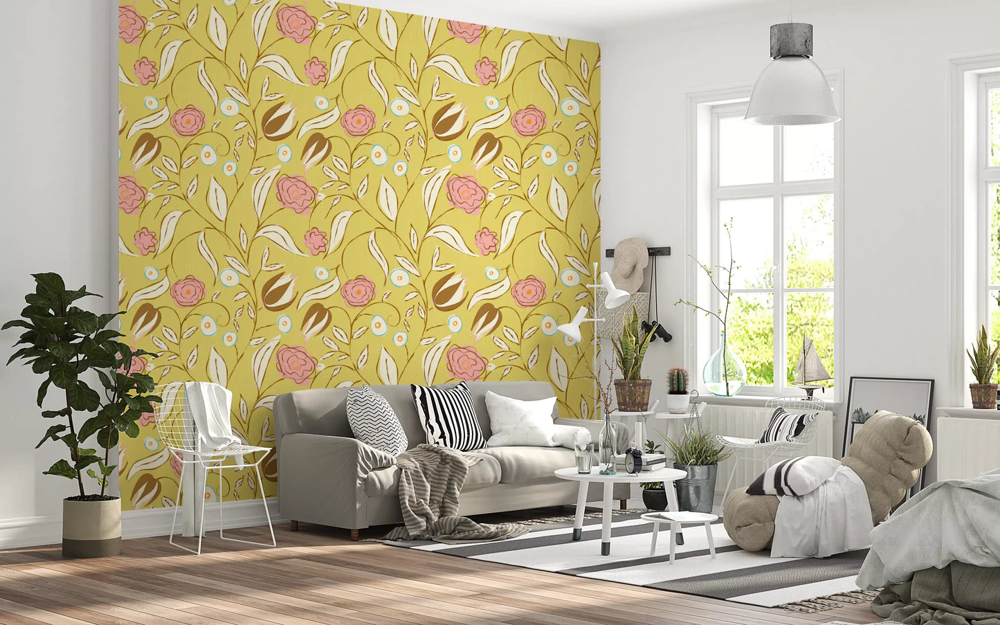 Butter Yellow Chintz Floral Wallpaper Vintage Botanical Wallpaper⁠
