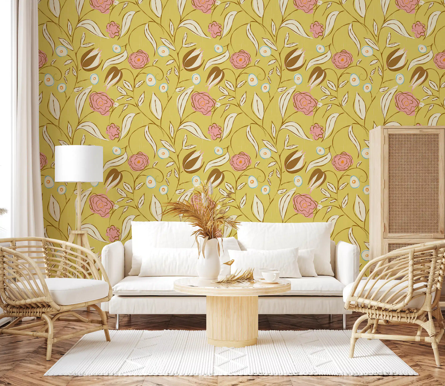 Butter Yellow Chintz Floral Wallpaper Vintage Botanical Wallpaper⁠