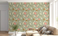 Sage Green Chintz Floral Wallpaper Vintage Botanical Wallpaper⁠