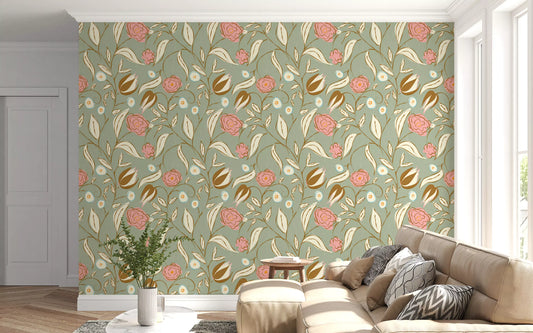 Sage Green Chintz Floral Vintage Botanical Wallpaper⁠
