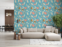 Sky Blue Chintz Floral Wallpaper Vintage Botanical Wallpaper⁠