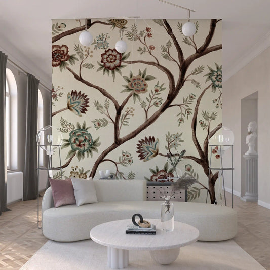 Never Ending Tree Chintz Revival Bright Wall Mural fills a living room feature side.