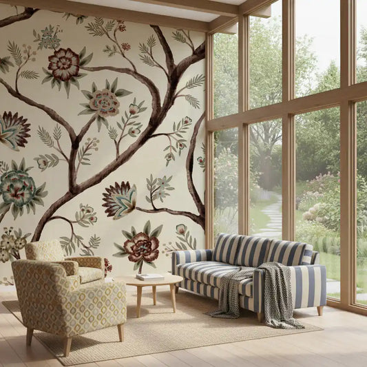 Branching trees curve along a Living room accent in Chintz Revival Wall Mural.