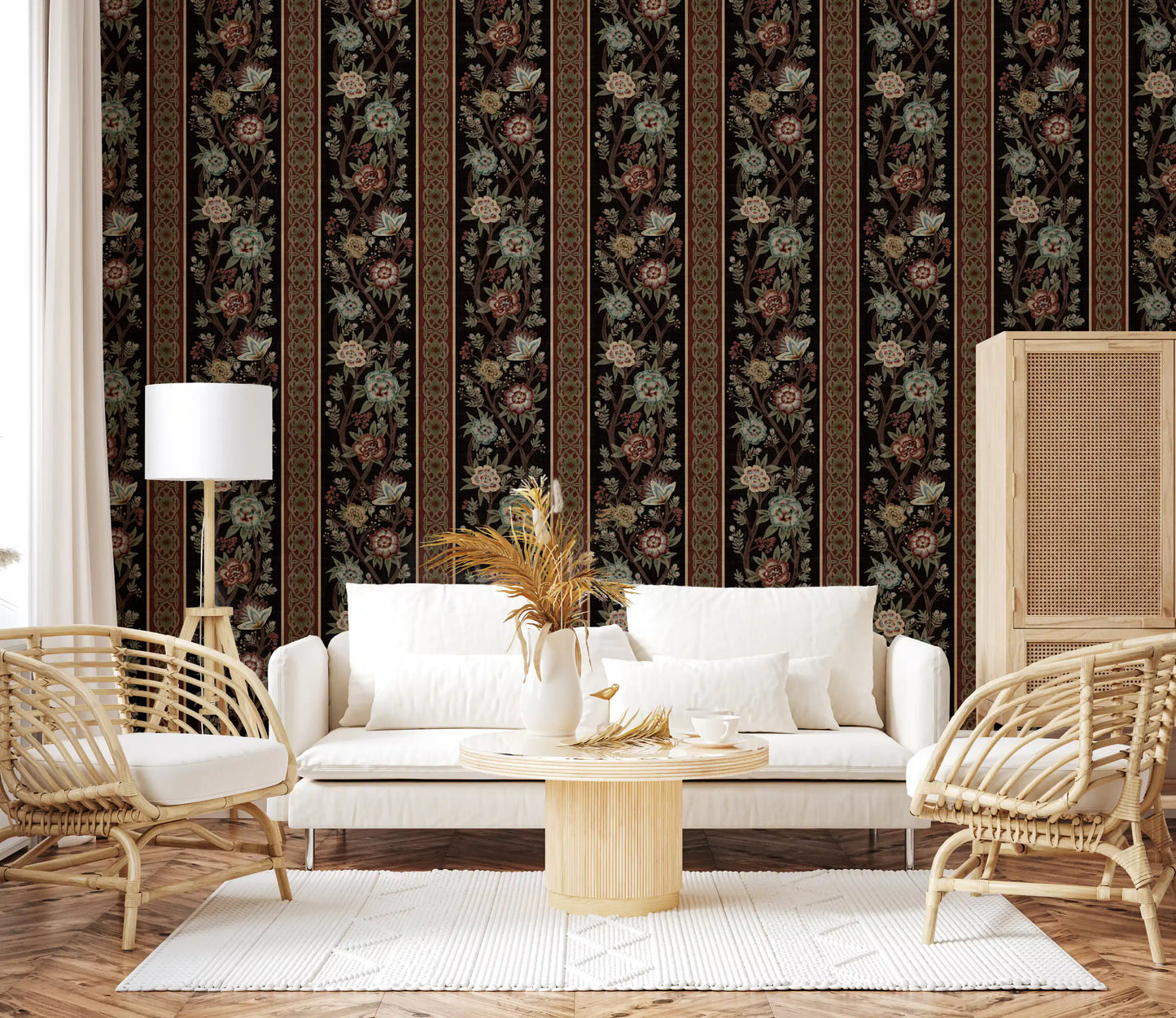 Trailing Chintz Vintage Heirloom Stripes Dark Wallpaper⁠