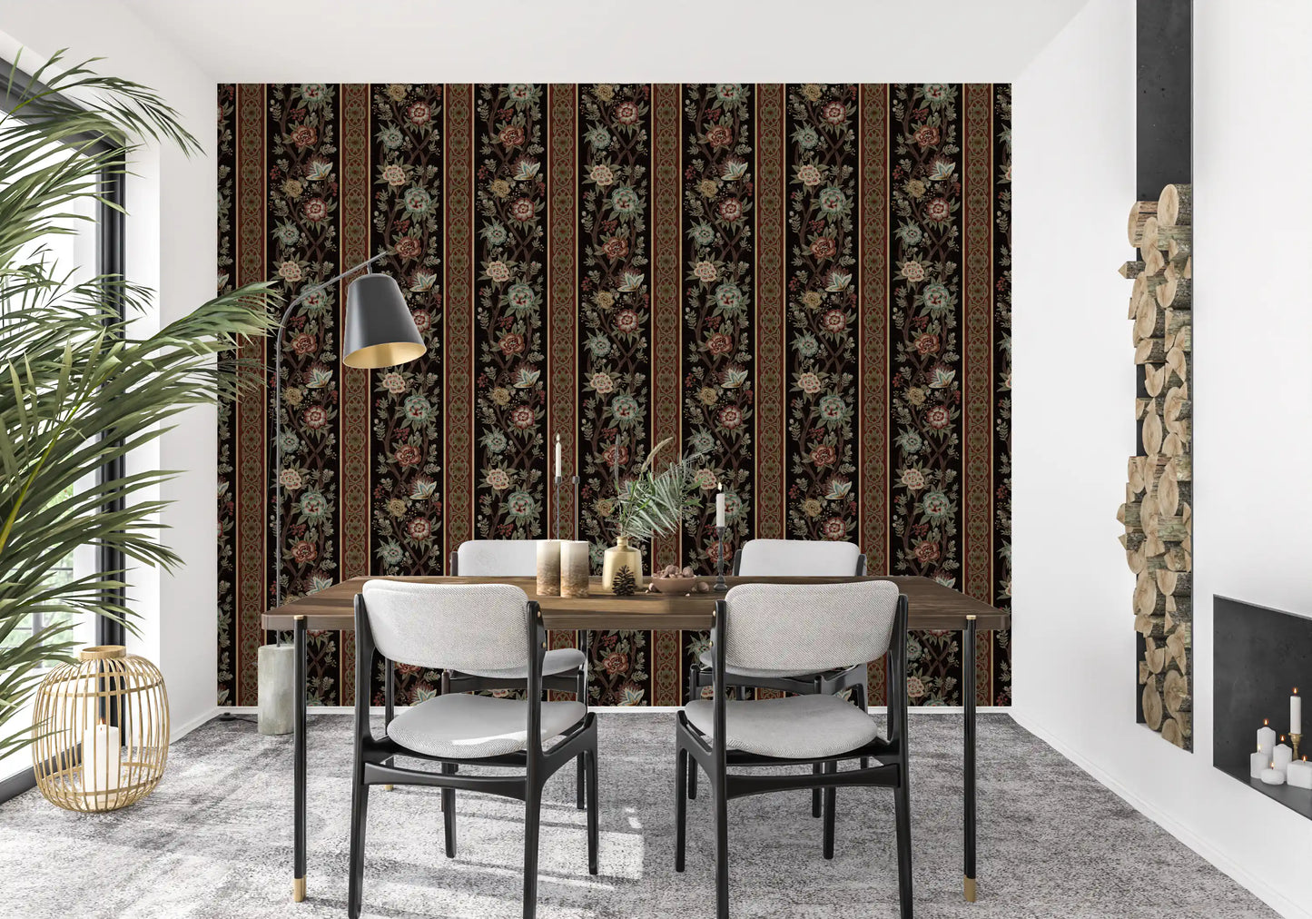 Trailing Chintz Vintage Heirloom Stripes Dark Wallpaper⁠