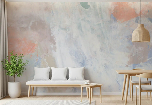 Pastel blush and pale blue rest across the Dining room with this Serenade wall mural.