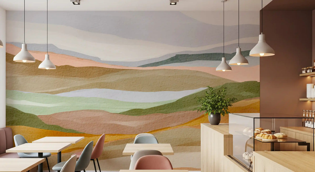 Peach, sage, and ivory drift across a Café and restaurant  in the Serene Painted Hills wall mural.