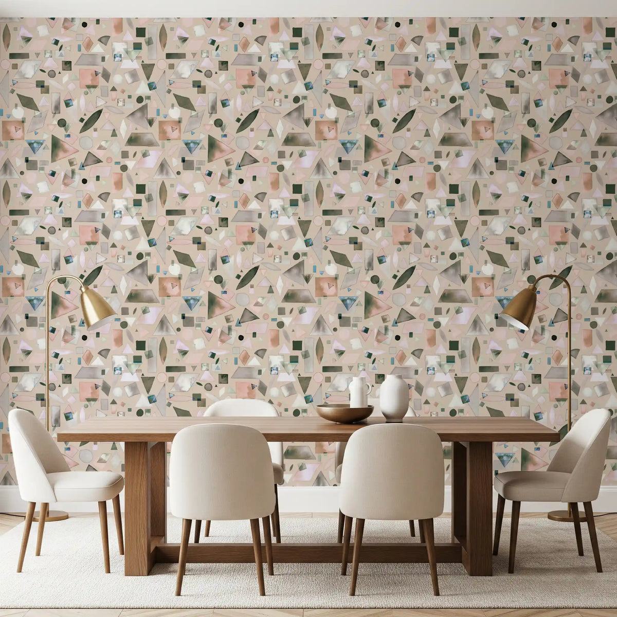 Watercolor shapes drift quietly over the dining room in this geometric wallpaper.