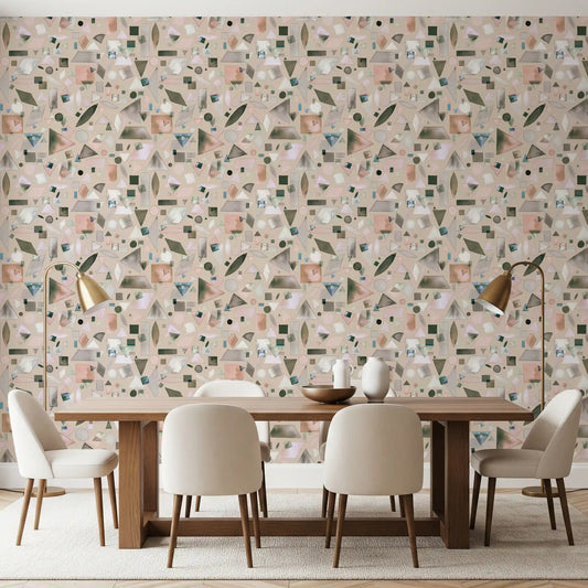 Watercolor shapes drift quietly over the dining room in this geometric wallpaper.